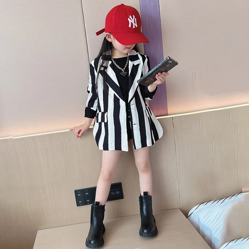 

Spring Autumn Girls Blazer Baby Jacket Kids Suit Outwear Children Fashion Coat Teens Clothes Streetwear Striped 4-13Y