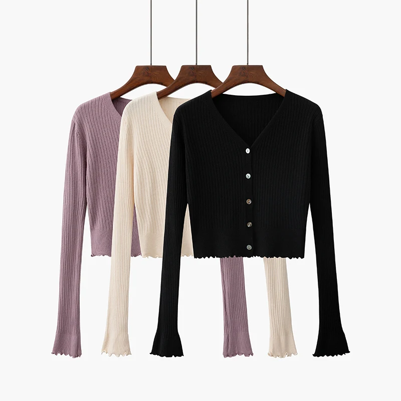 

Abrini V-neck Sweater Slim Elastic Long-sleeved Crop Top All-match Casual Cardigan Autumn Soft Knitted Solid Cardigan Women