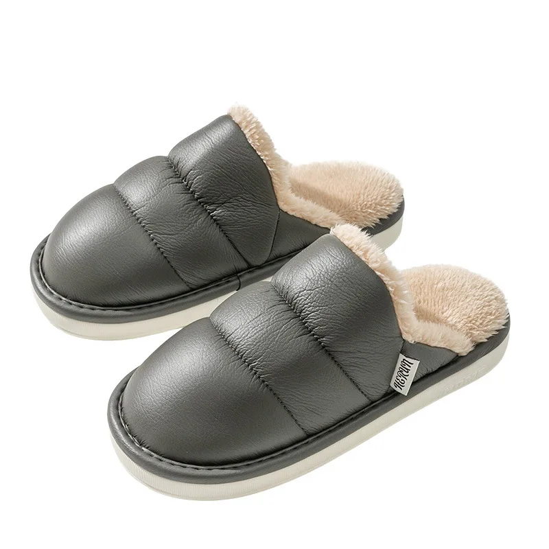 Home Cotton Shoes Women Winter Warm Slippers Unisex Pu Leather Waterproof Anti-Slip Soft Wraps Shoes Soft Memory Foam Sole Slids