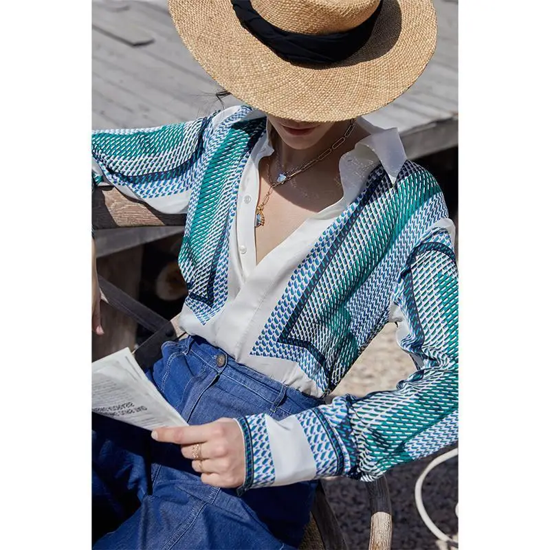 

Satin Women's Blouse Loose 2022 New Printing Shirt Summer Elegant Full High Street Fashion Tops Korean Style Female Clothing