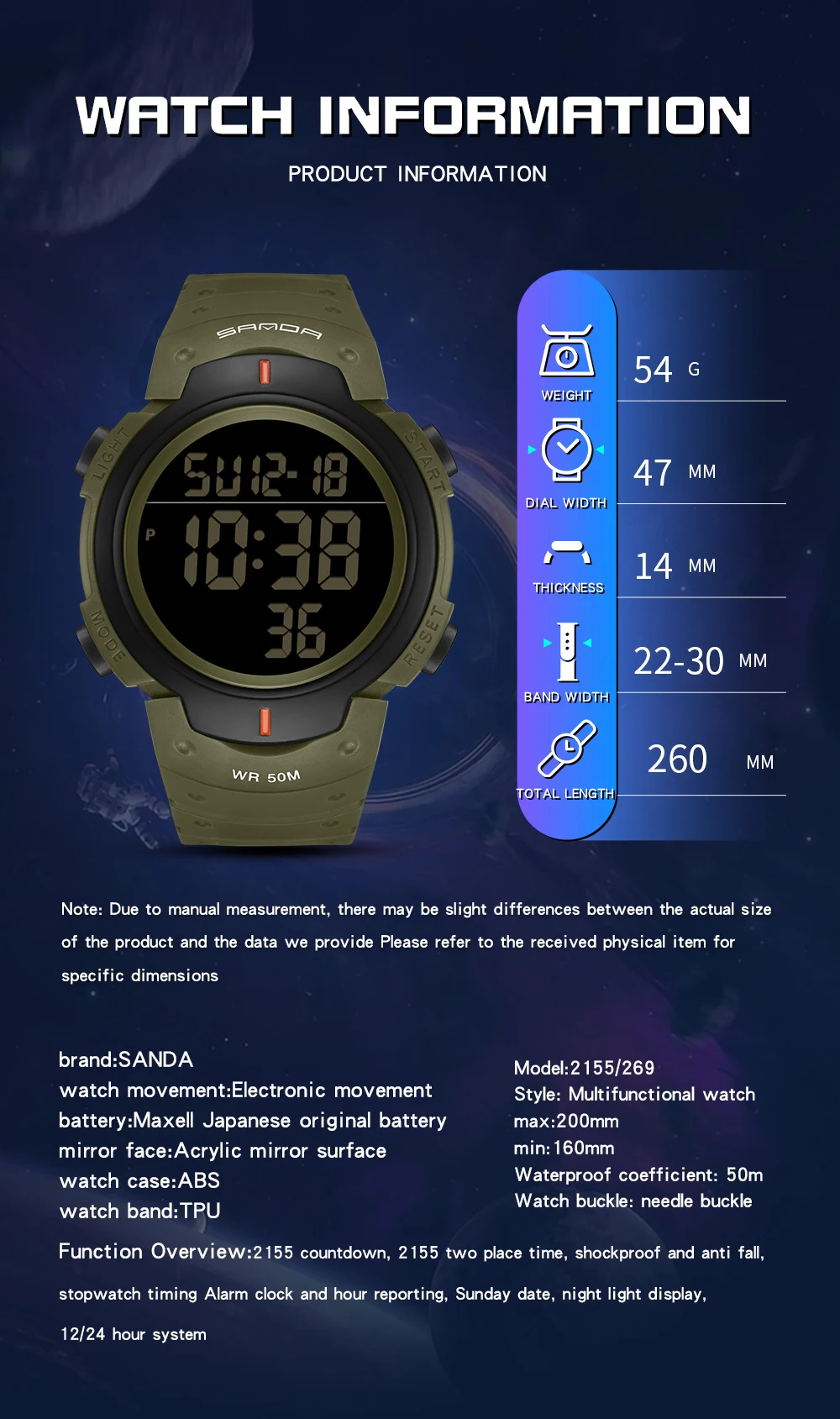 Новые цифровые мужские спортивные часы SANDA 2155 светящиеся наручные электронные