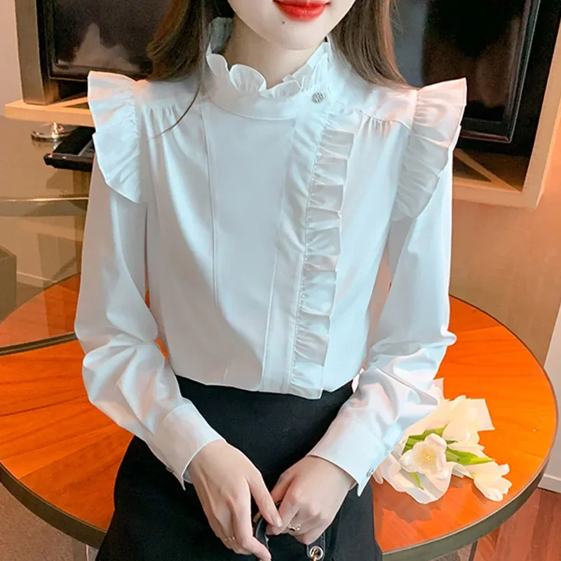 Новая осенняя женская блузка с рюшами белая длинным рукавом рубашка женские топы