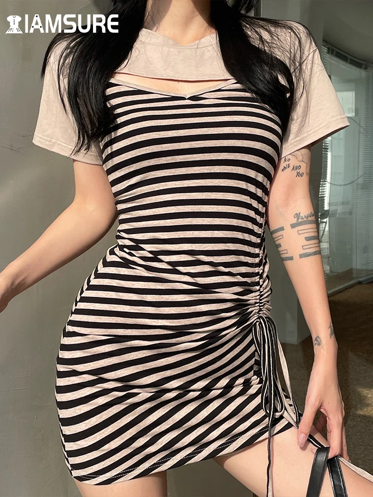 

IAMSURE Casual Streetwear Slim Dress Set Sexy Slim 2 Piece Set Women 2022 Summer O-Neck Crop Tops Drawstring Mini Bodycon Dress
