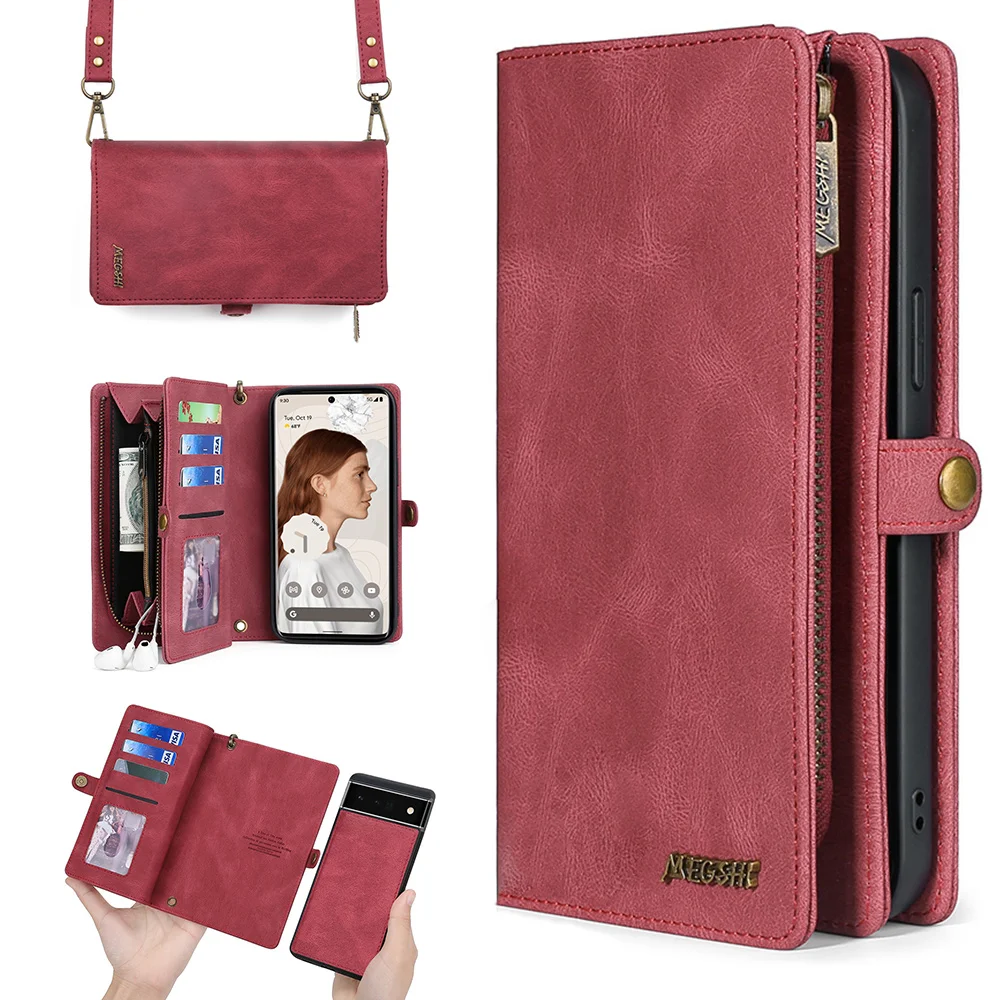 Роскошные съемные чехлы-кошельки Megshi для Google Pixel 9 8 7 6 8A 7A Pixel9 Pro XL кожаный