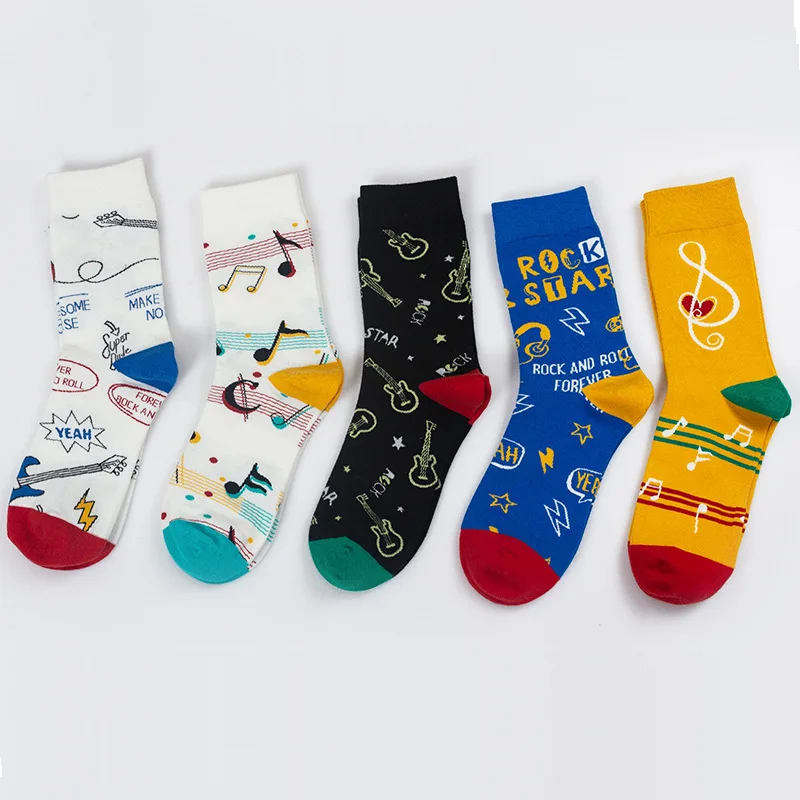 5 Pairs Sock Woman Spring Autumn New Trend Electronic Fashion Music Symbol Printed Cute Casual Cotton Happy Cartoon Female Sock