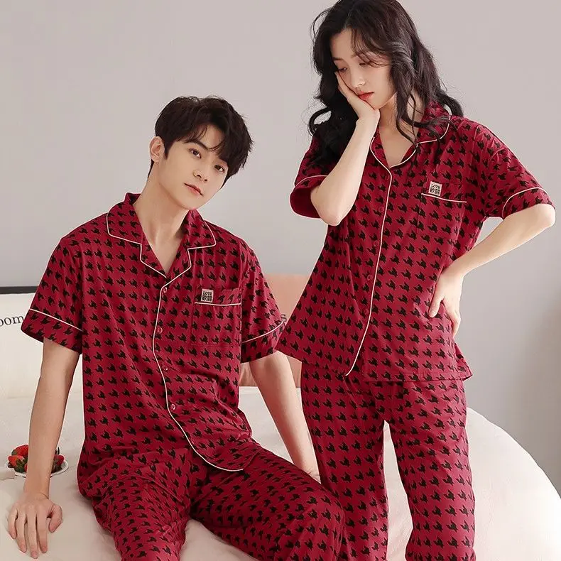 Yasuk Spring Summer Women's Men's Casual Soft Sleepwear Couple Pajamas With Pants Cotton Pullover Thousand Birds Plaid BigSize