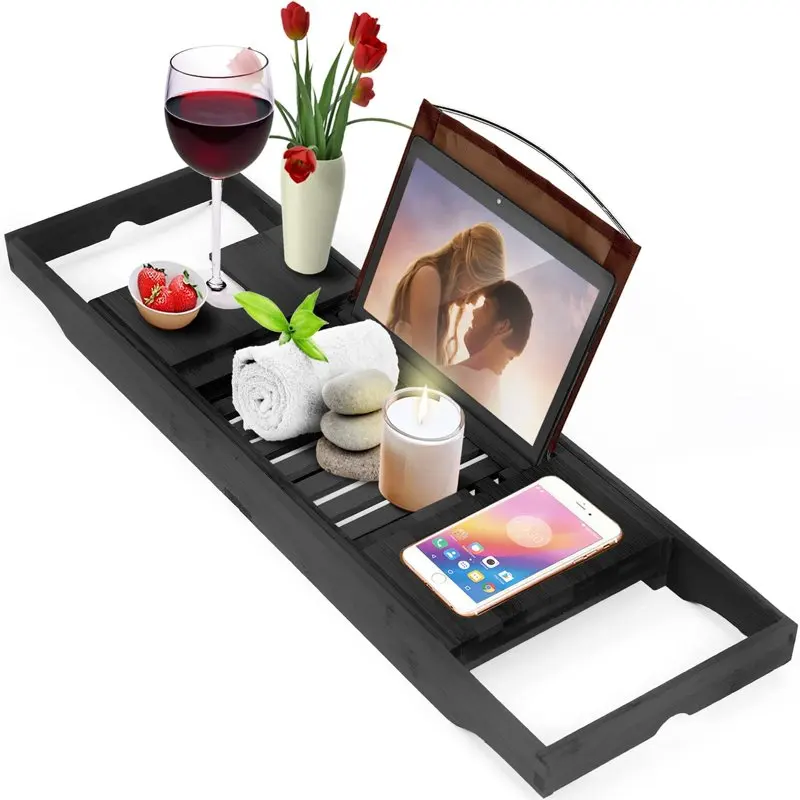 

Bamboo Bathtub Tray - Expandable Bathtub Caddy with Reading Rack or Tablet Holder, This Premium Bath Tray Includes a Wine Glass