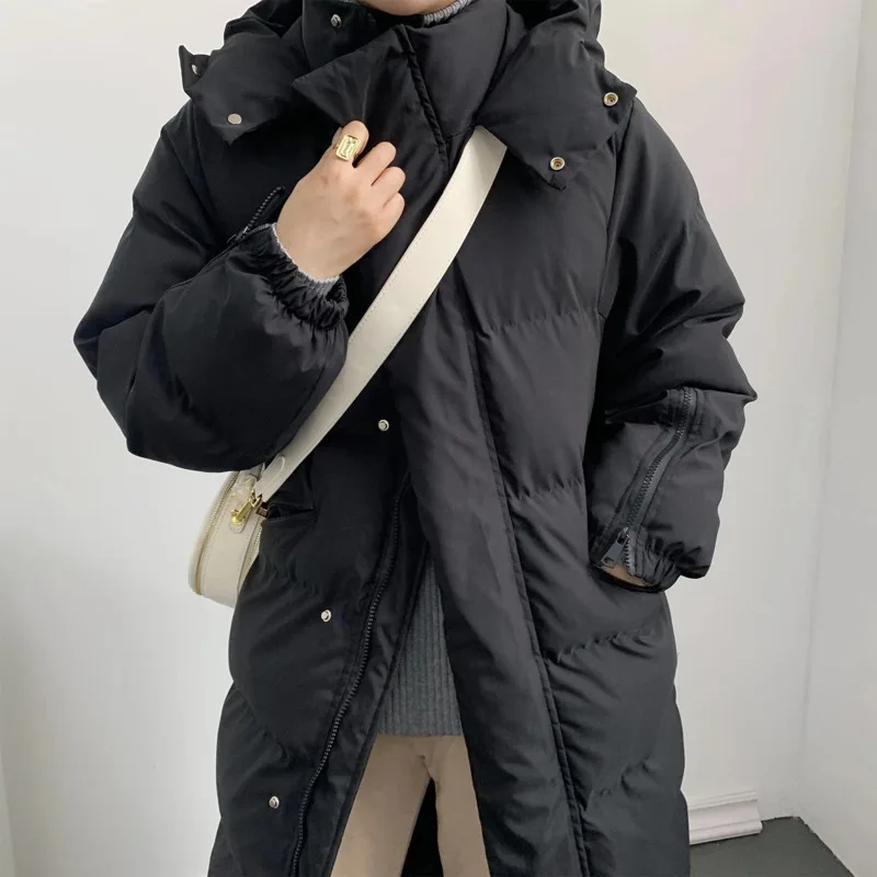 Korean Women's Oversize Over Knee Long Warm Coat Mid Length Winter Down Parkas 2022 New Vintage Winter Cotton Padded Jacket