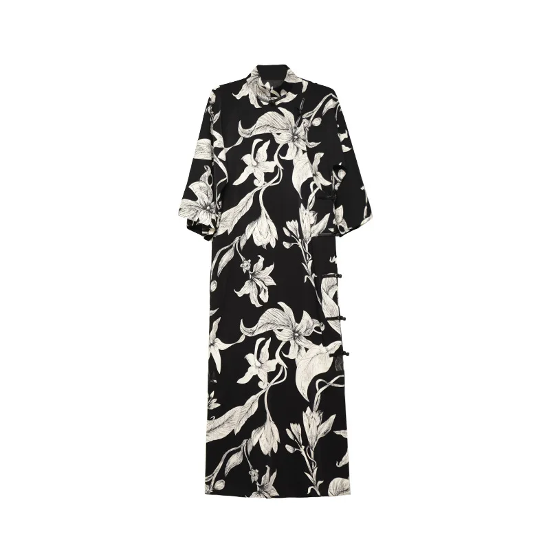 

Autumn Chinese Style Floral Print Slit Black Improved Cheongsam