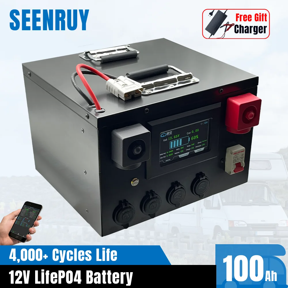 

12V 100Ah LiFePO4 Compact Portable Power Stations Rechargeable Battery Pack For RV Campers Golf Cart Solar Multiple interface