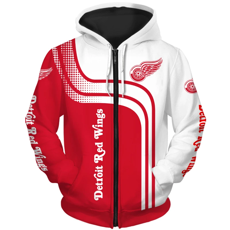 

Detroit men's fashion Long sleeve 3D Red Wings Zip Hoodies Red white curve graffiti spot printing Sweatshirt