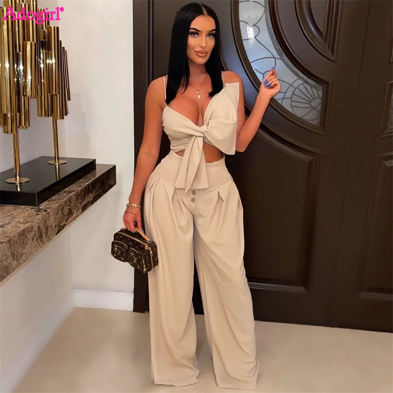 

Adogirl Bowknot Two Piece Set Women Sexy Spaghetti Straps Big Bow Crop Top Buttons High Waist Wide Leg Pants Fashion Street Suit