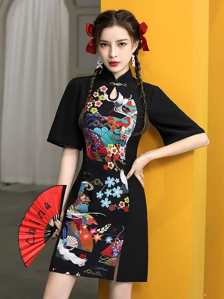 Платье Cheongsam в китайском стиле женское модное черное современное