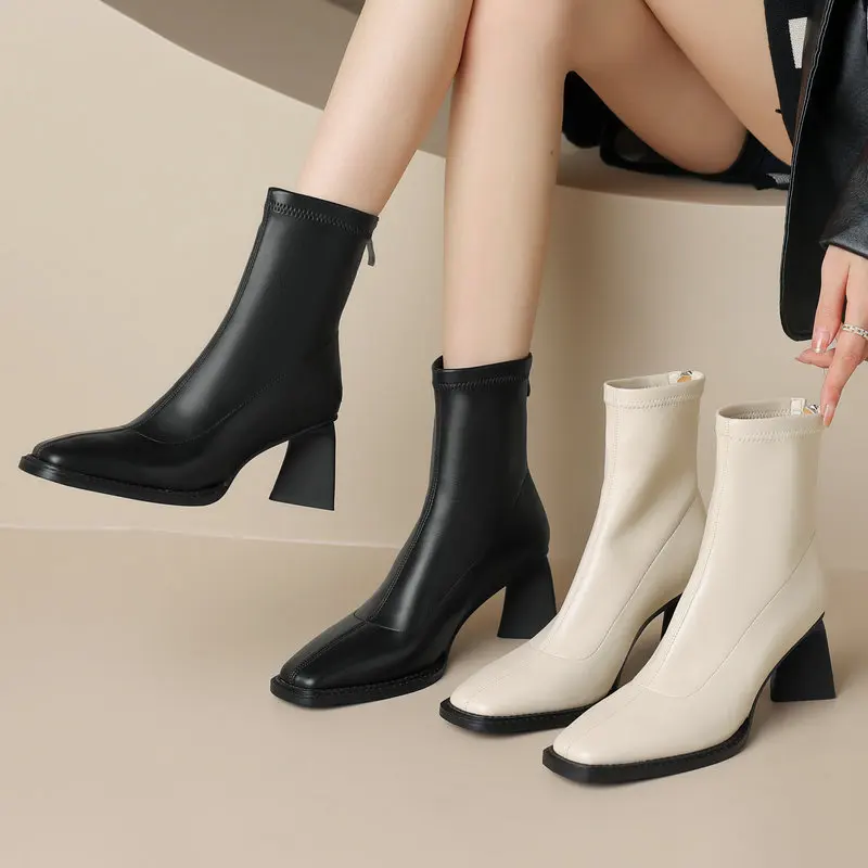 

2024 Women Ankle Boots Genuine Leather Office Lady Shoes Woman Square Toe High Heels Autumn Stretch Size 34-42