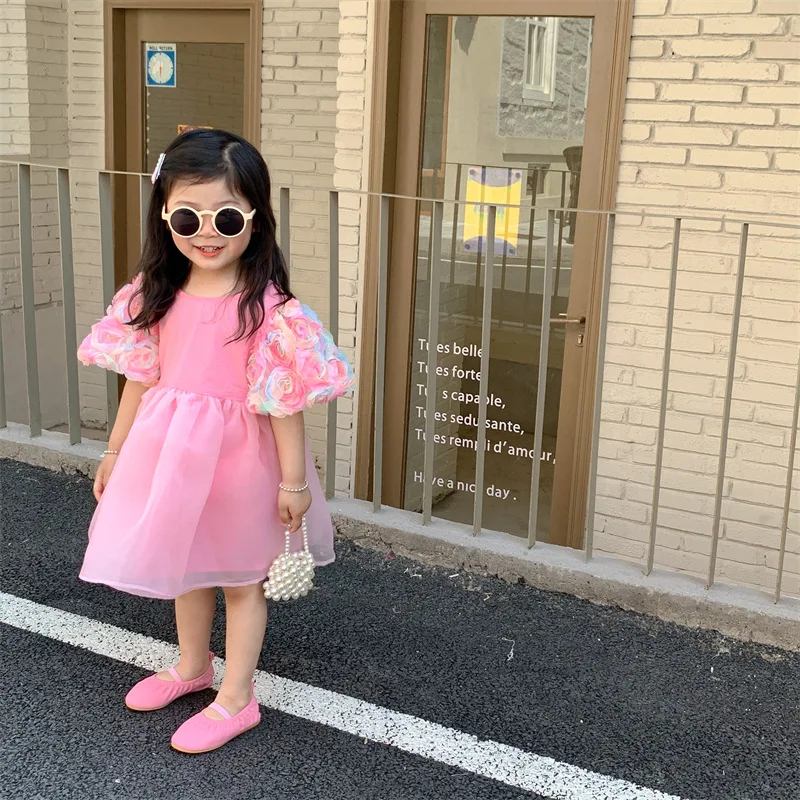 

RiniLucia Summer Girls Princess Dress 2023 Floral Puff Sleeve Kids Tulle Dresses Children Birthday Party Vestido Kids Costume