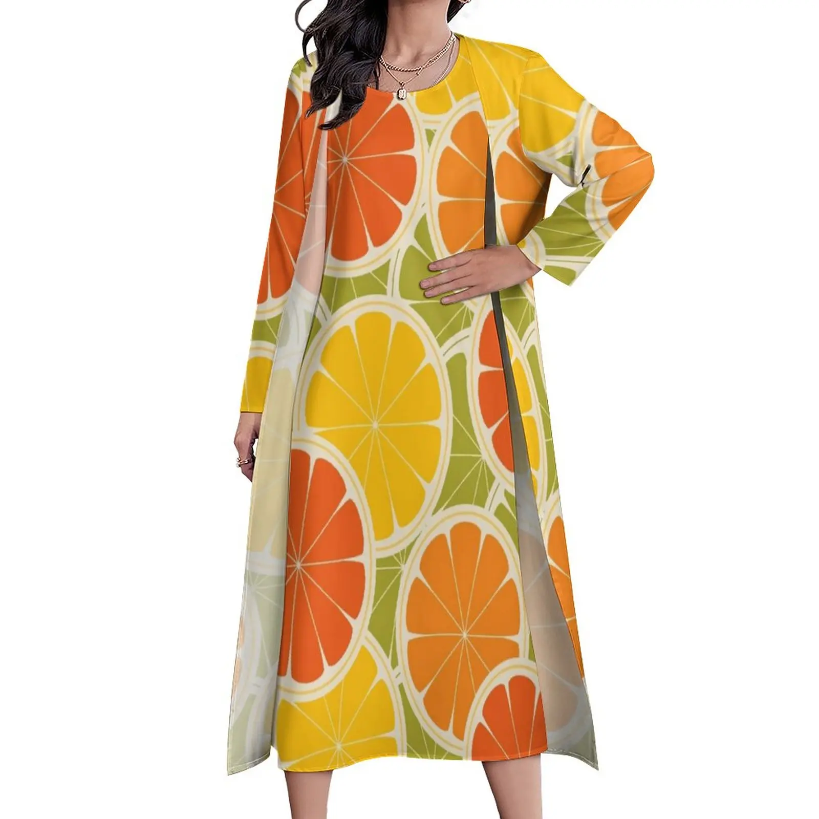 

Платье-макси с длинным рукавом и принтом фруктов