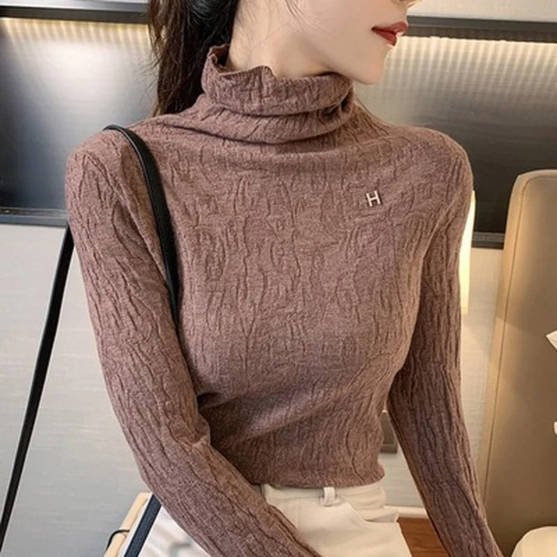 

Sweater 2021 New Christmas Frilly Thin All-match Pullover Full Sleeve Turtleneck Elegant Solid Casual Elastic Autumn Korean Tops