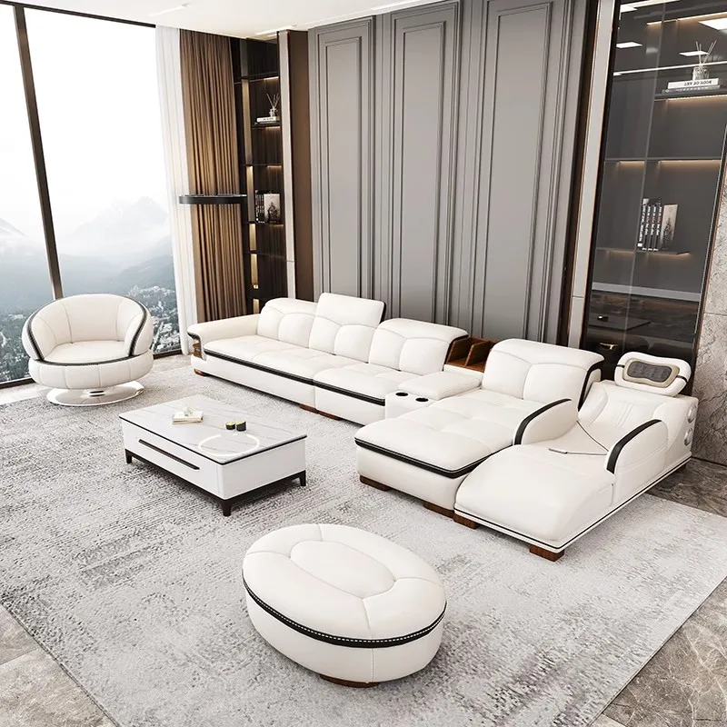 Роскошный L-образный секционный диван из натуральной кожи с Bluetooth-динамиком —