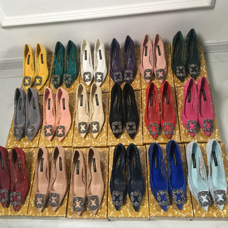 

2022 Lace Pointed Toe High Heels Mesh Breathable Rhinestone Stiletto Women's Shoes