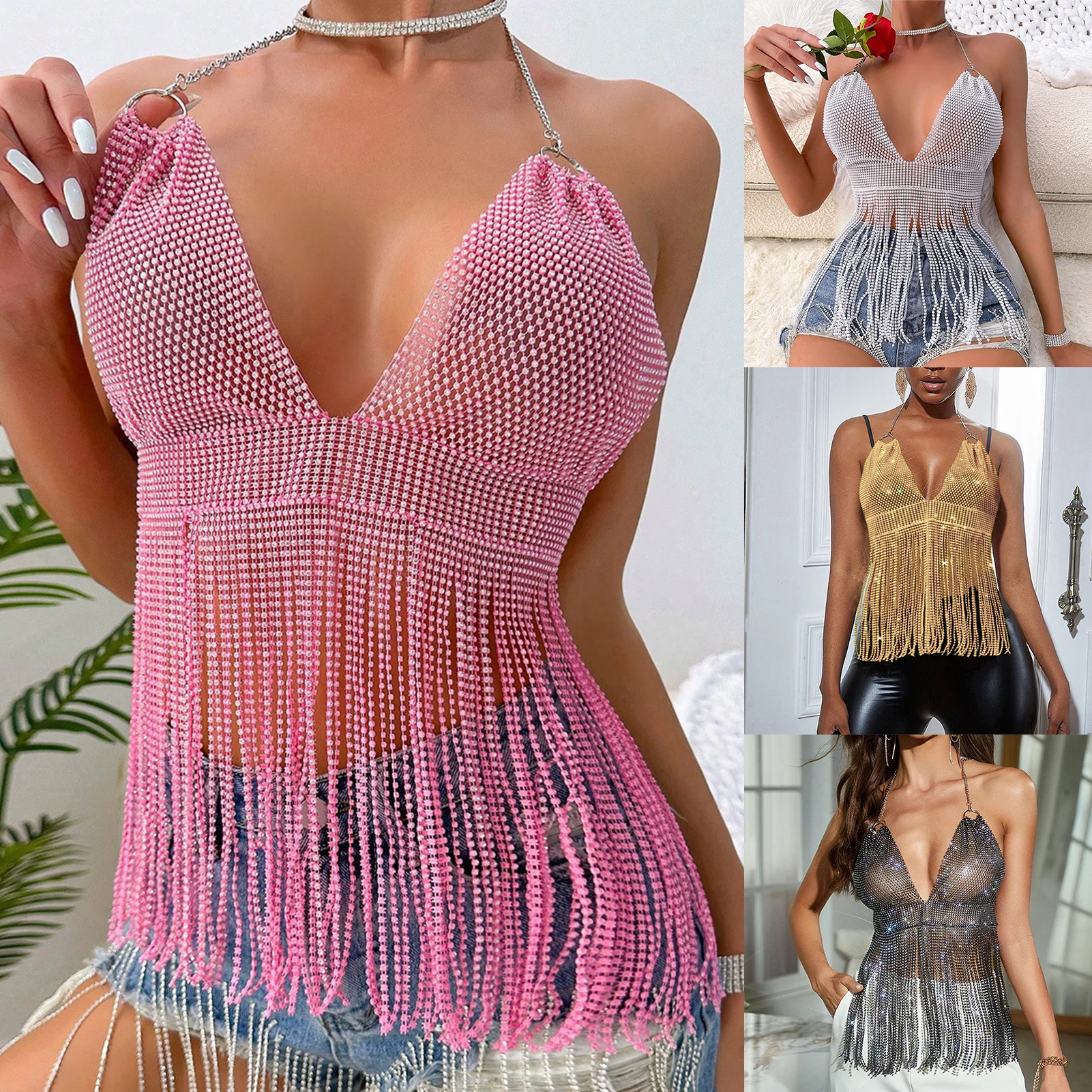 

Женская майка с бретелькой через шею, с бахромой на подоле, летний сексуальный топ с глубоким V-образным вырезом, без рукавов, с открытой спиной, клубная одежда