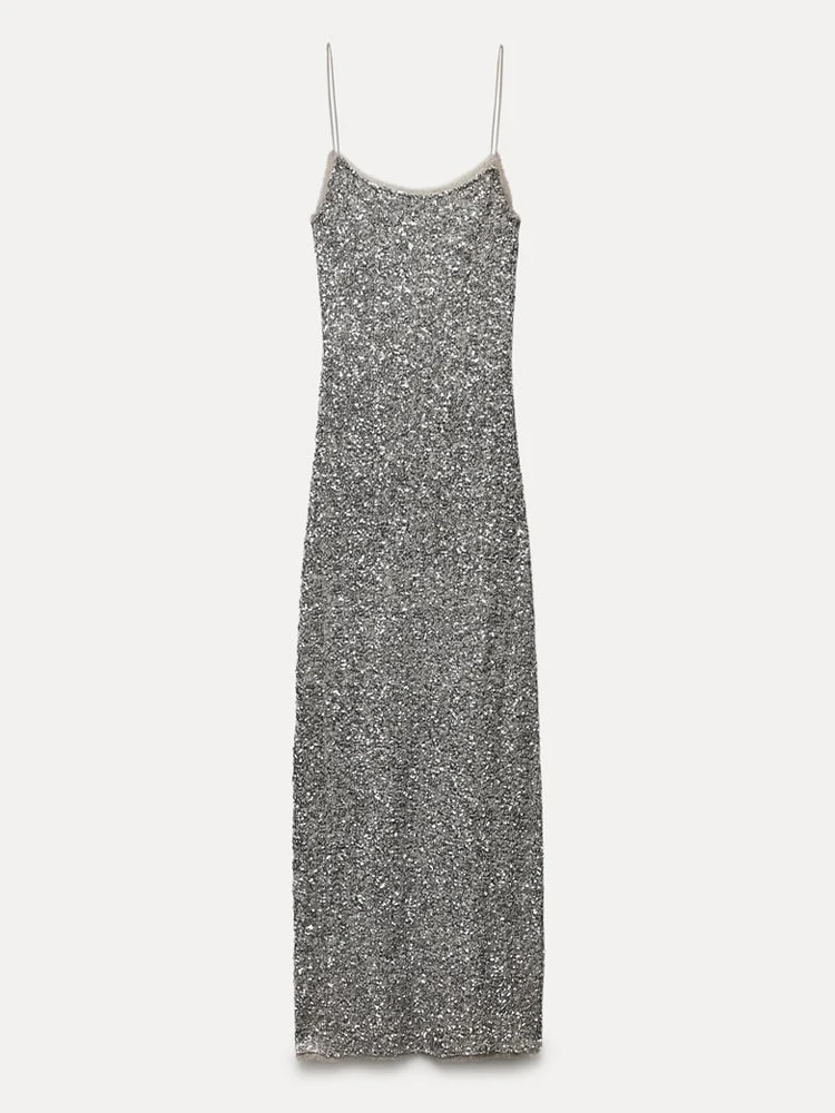 Женское блестящее платье с открытой спиной блестками