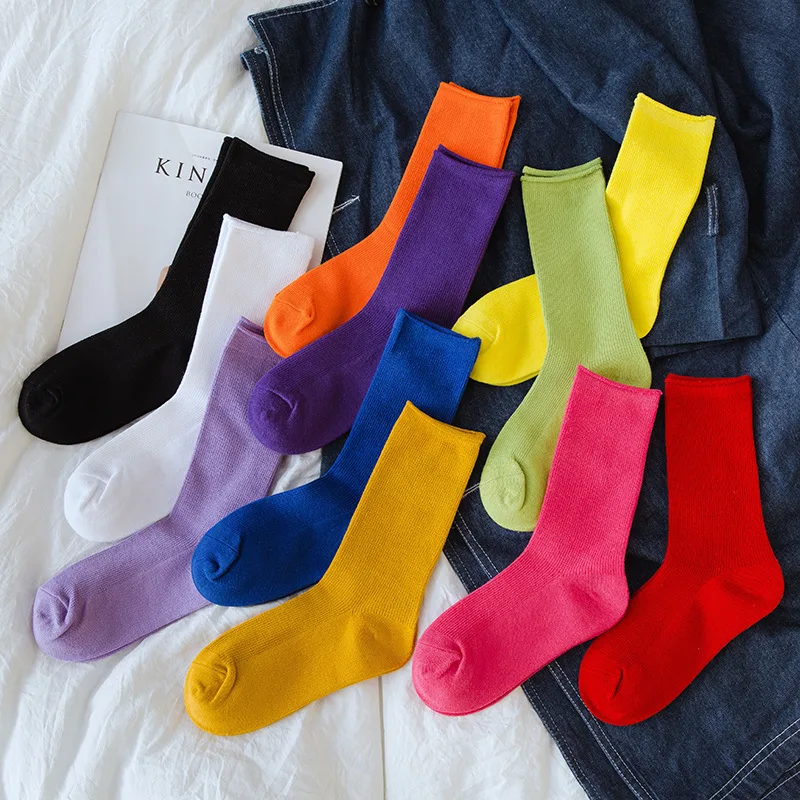 

Spring Autumn Solid Color Vertical Strip Middle Tube Socks Japan Style Kawaii Retro Cute Cotton Knitted Women Neon Socks