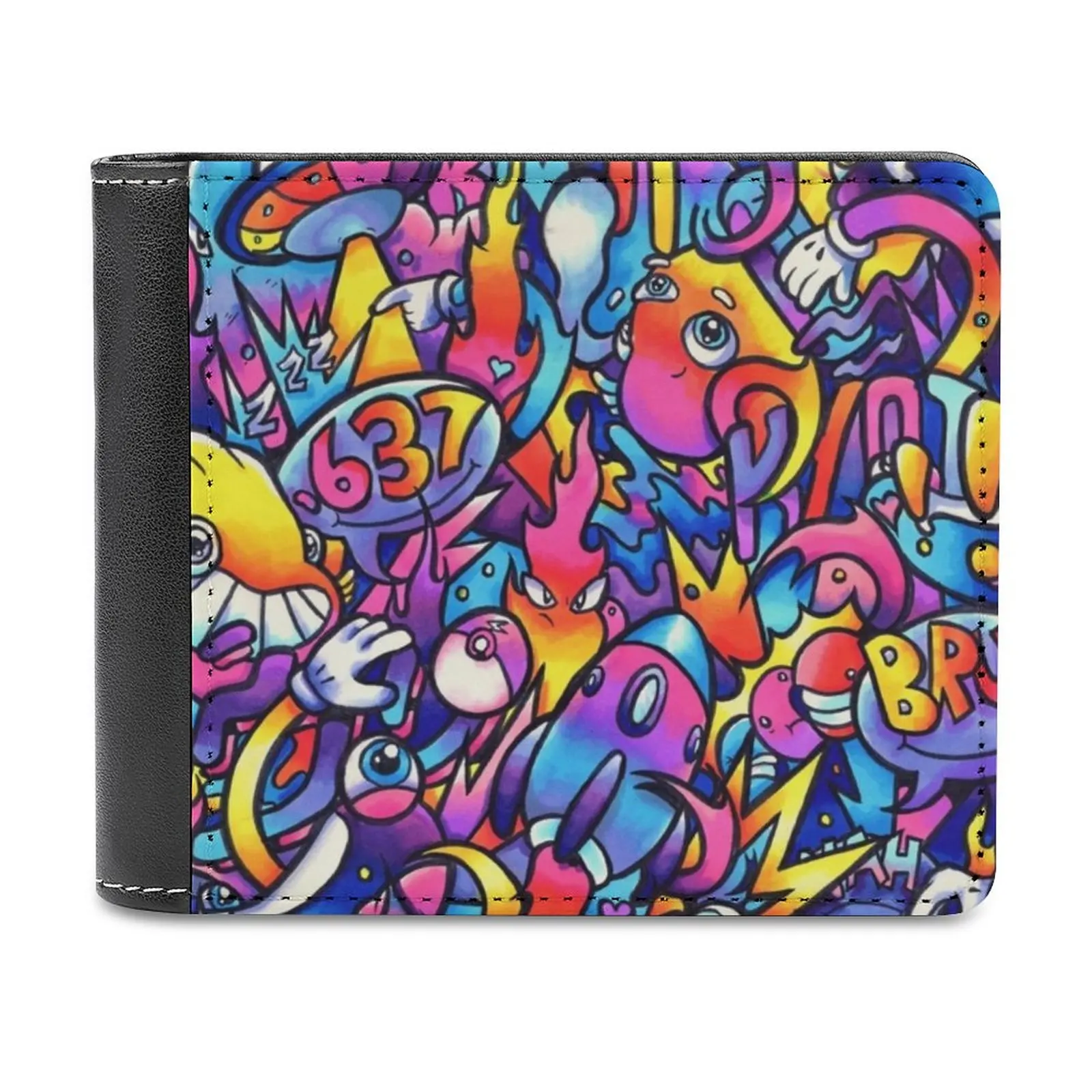 K Y O T O D R E A M S Copic Marker Doodle Leather Wallet Men Classic Black Purse Credit Card Holder Fashion Men's Wallet Artist