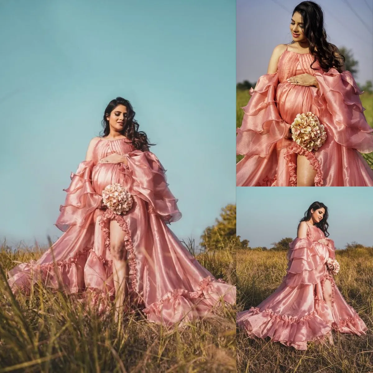 

Pink A Line Maternity Dresses Off The Shoulder Tiered Ruffles Custom Made For Photography Sexy Front High Slit Robe De Mariages