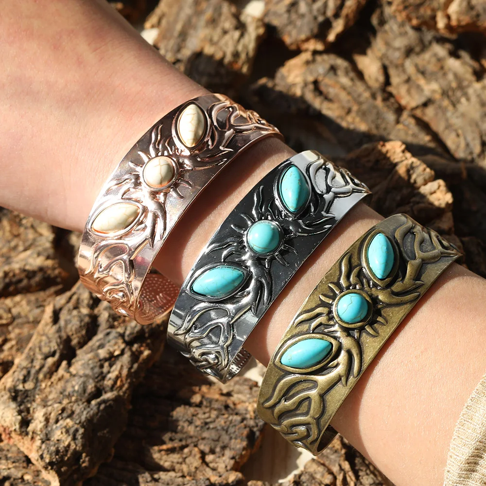 

Monster Face Bracelet Round Oval Stone Eye Wide Cuff Bangle Opening Adjustable Fashion Jewelry For Women Men Gift