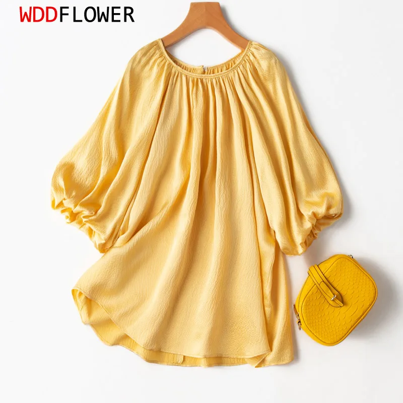 Women 100% Mulberry Silk 20 Momme Thick Pearl Silk Loose Type Yellow Baby Doll Ruff sleeve Top Shirt Blouse Plus Size MM563