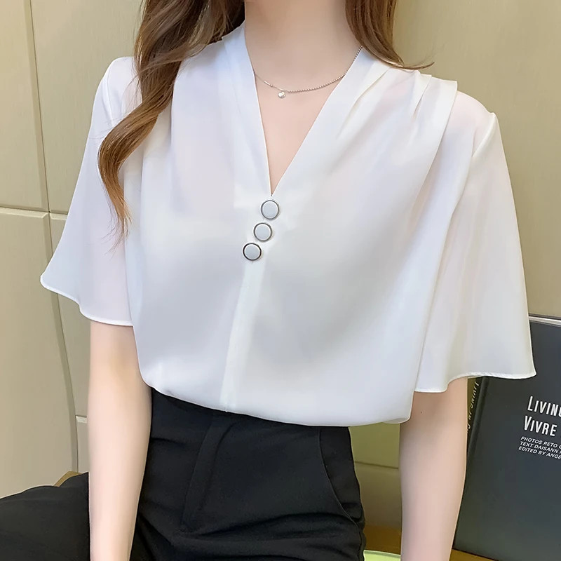 

Solid color Chiffon Women Summer New Fashion Simple V-neck Women clothing Korean Loose short sleeved Office Lady Women top 983J