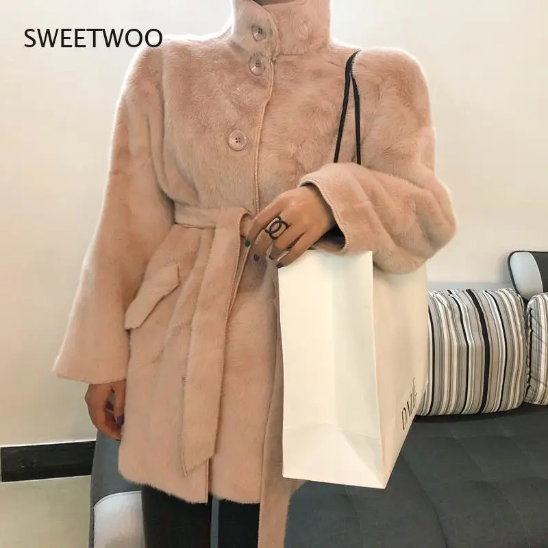 2022 Winter Thick Solid Women Fur Jacket Outwear Lady Faux Rabbit Fur Sashes Fashion Coats Female Warm Coat Contracted Slim Tide