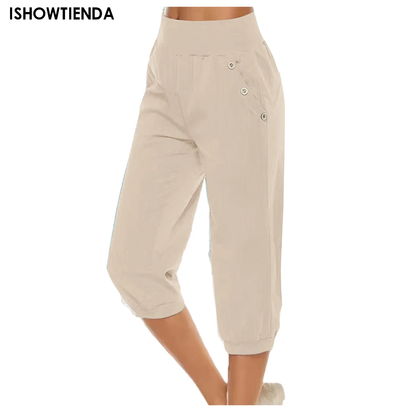 

Брюки женские хлопковые однотонные повседневные, тонкий дышащий корсет из конопли с завышенной талией, брюки в повседневном стиле со средней талией в 7 точек