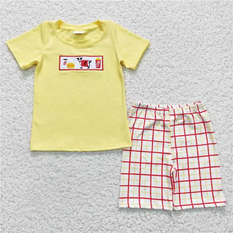 

Hot Sale Summer Cute Toddler Boy Embroidered Animal Cow Burger Yellow Short Sleeve Shorts Set Wholesale Boutique Children Outfit