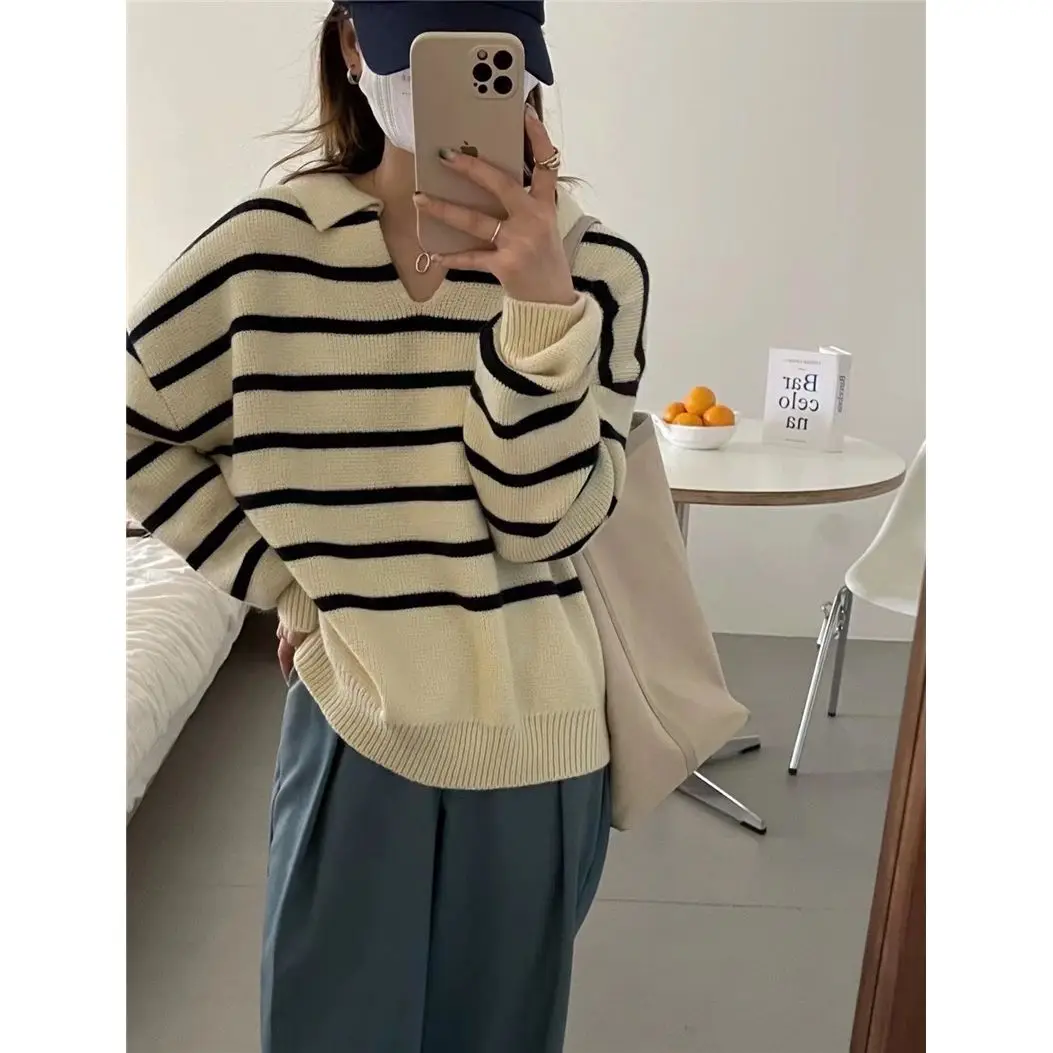 

Polo Collar Women's Striped Sweater Thick Warm Winter Jumper Female Vintage Pullover Knitted Sweaters for Women Tops J20