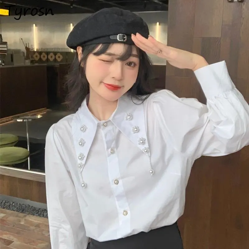 

Women Shirts Sweet Simple Solid Fashion Elegant Students All-match Daily Loose Tender Cozy Design Peter Pan Collar Korean Style