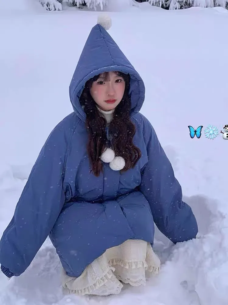 Korean Series Blue Sweet and Cute Hood Cotton-Padded Coat for Women 2024 Winter New Loose Warm Mid-Length Outerwear Cotton-Pa...