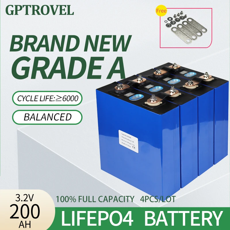 

4PCS 3.2V 200Ah Brand New Grade A 100% Full Capacity Lithium Ion Battery Cell LiFePO4 Rechargeable Deep Cycle Energy Storage