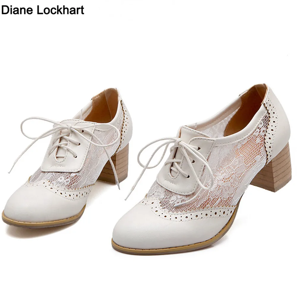 2023 New Women Lace Mesh Breathable Pumps Shallow Brogue Shoes Ladies Vintage Oxford Shoes Lace-Up Chunky High Heels Female34-43