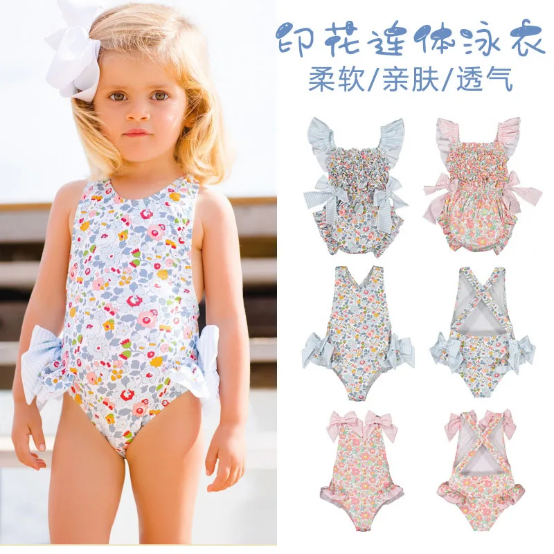 

summer new girls swimsuit baby one-piece suspender swimsuit blue pink print cute beach swimsuit