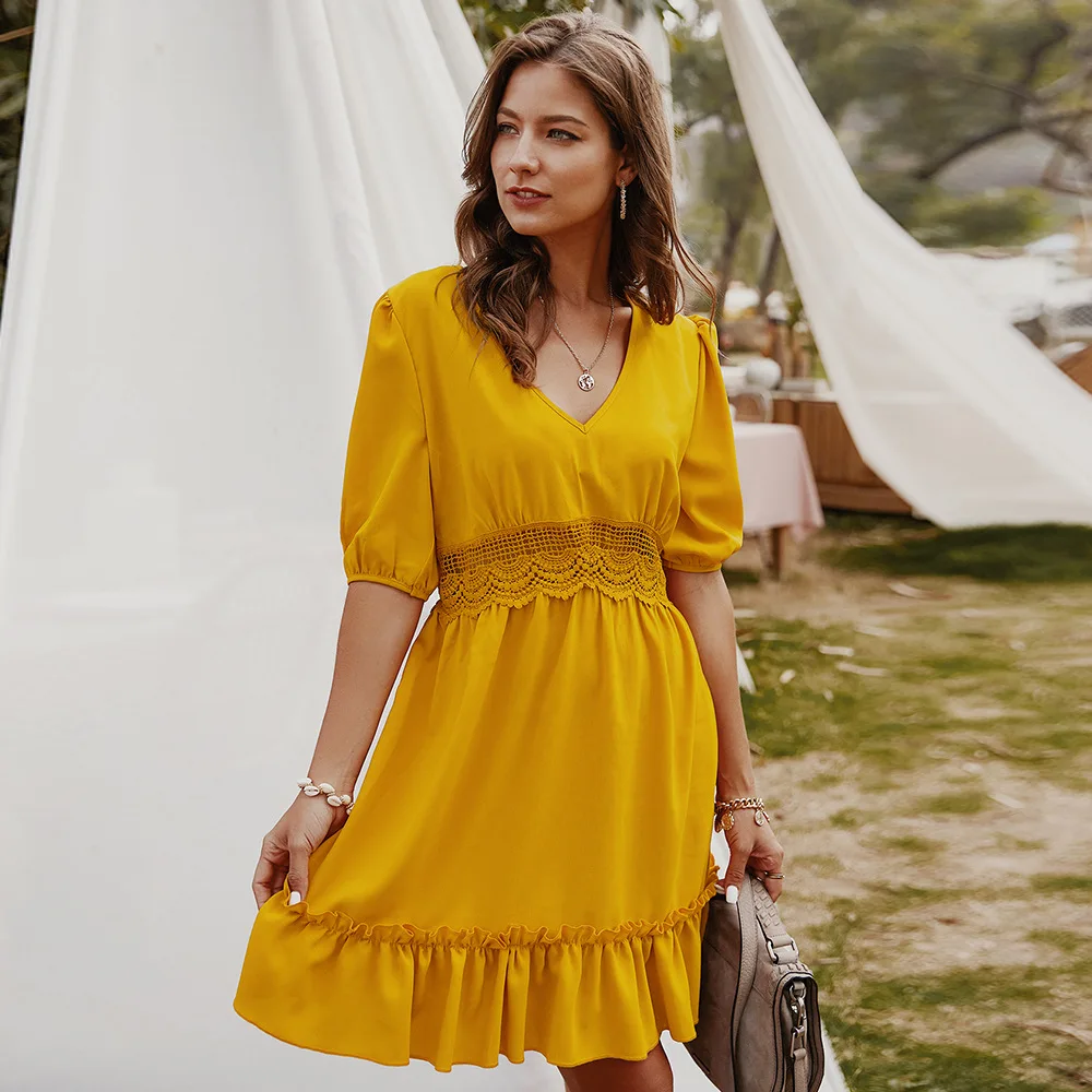 

Summer Long Beach Women's Dress Solid Color Sexy Thin V-neck Dress Holiday Wear