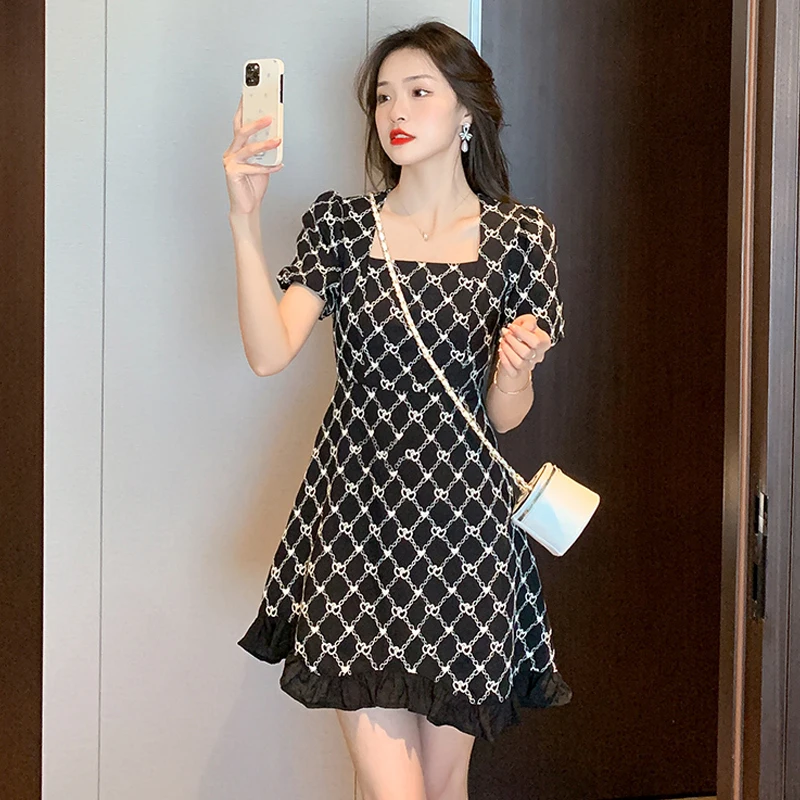 

Women One Piece Ladies Korea Dress Summer 2022 New Vintage Short Sleeve Embroidery Square Collar Black Dresses Dropshipping