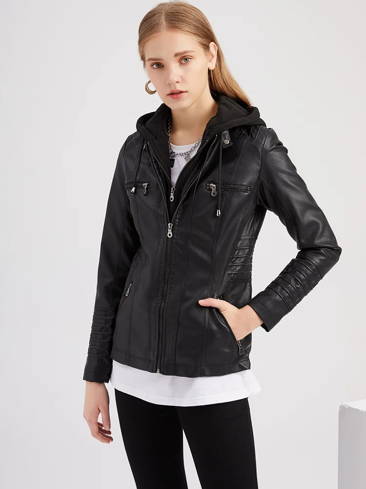 

Spring And Autumn Coat Women's Hooded Pu Washed Waist Jacket Faux Leather Jacket With Pocket And Zipper Women's Fashion 2023