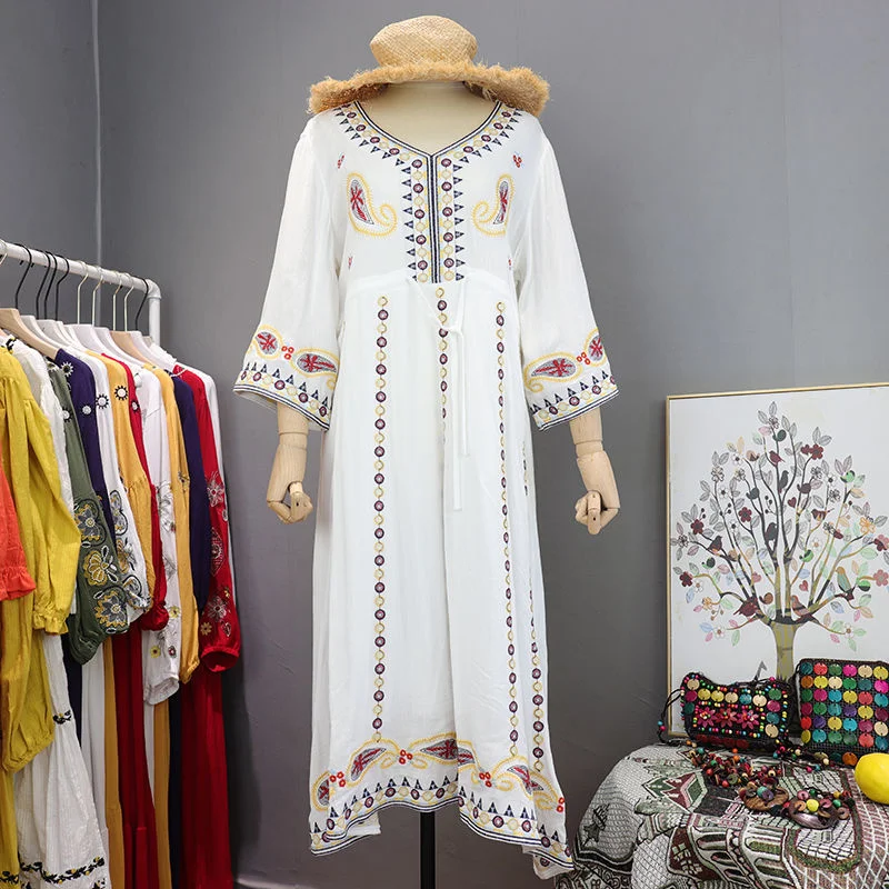 

Women Dress Long White Robe Embroidery Maxi Dresses Boho Flare Sleeve V-neck Loose Elegant Skirt Thailand Folk Style Clothing
