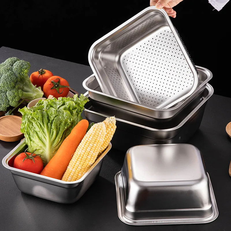 

Stainless Steel Square Storage Organizer Tray Drain Basin for Washing Vegetables Rice Food Serving Plates Kitchen Accessories