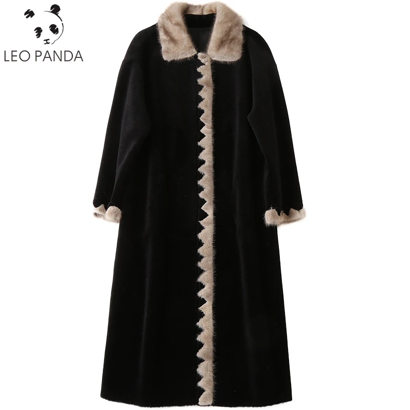 New 2022 Luxury Real Wool Fur Coat Female Plus Size Sheep Shearing Coats Natural MInk Fur Trim Collar Long Winter Jacket Women enlarge