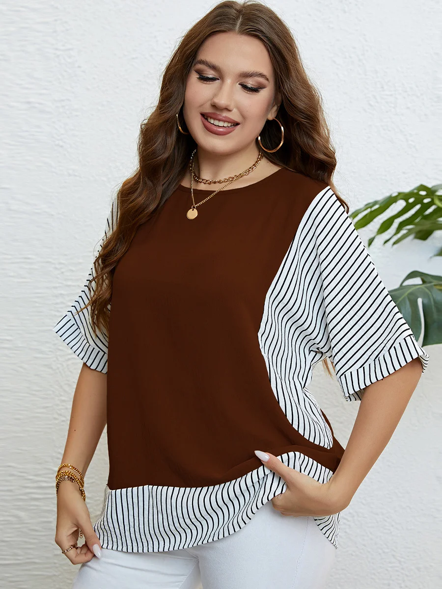 Summer crewneck panels fake two plus-size blouses roupas femininas plus size tops for women