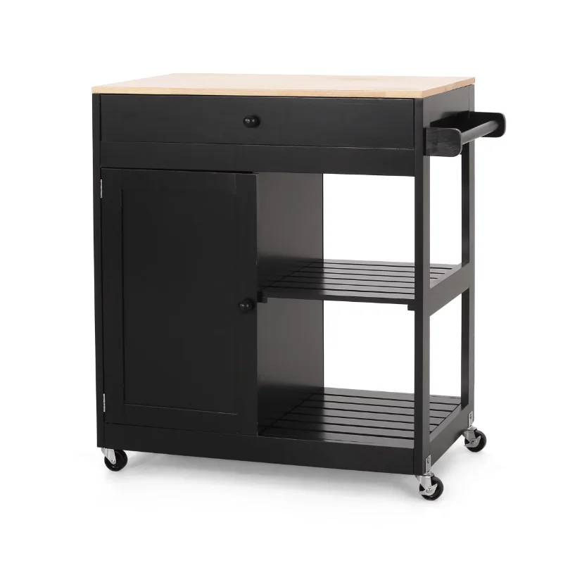 

Noble House Tift Wood Kitchen Cart with Wheels, Black and Natural