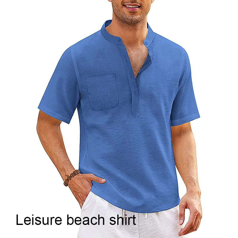 

Male Shirt Pocket Beach T-shirts Stand-up Collar Men Tops Solid Color Pattern Short Sleeve Blouse Summer Casual Fashion