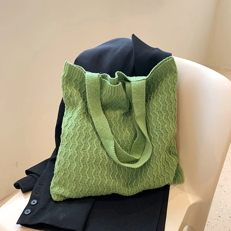 

Boho Polyester Knitted Handbags Large Shopper Bag For Women Woven Shoulder Bag Lady Simple Clutch Purse Beach Portable Tote Bag